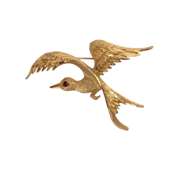 MAMSELLE Signed Flying Crane Gold Brooch Red Jewel Eye - Picture 11 of 12